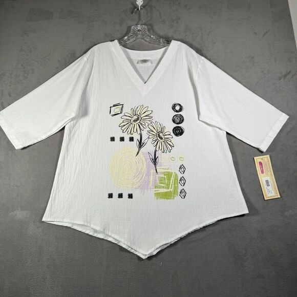 Cottonways Women Top L White Gauze Floral Geo Print Asymmetric Hem Boho NEW - Picture 1 of 9